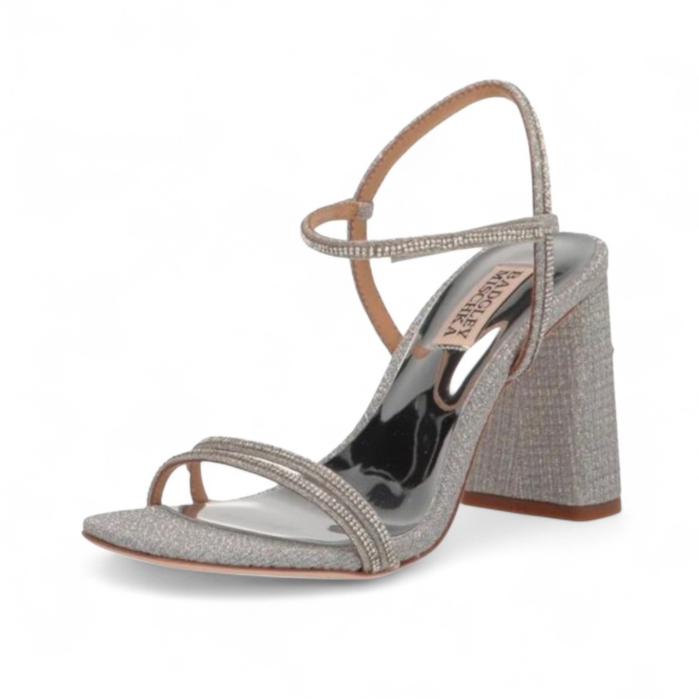 Badgley Mischka Bejeweled Block Heel Sandals Silver Glitter‎ Sparkle Sz 7.5